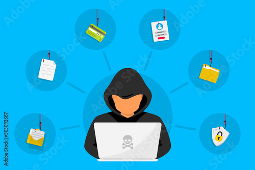 Hacker and Cyber criminals Phishing and fraud. Online scam and steal. Hacker sitting at the desktop and phishing stealing private personal data, user login, password, document, email and credit card