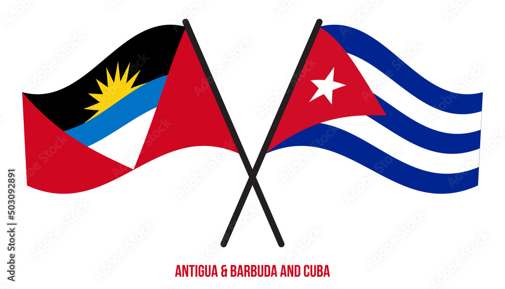 Antigua & Barbuda and Cuba Flags Crossed & Waving Flat Style. Official Proportion. Correct Colors.