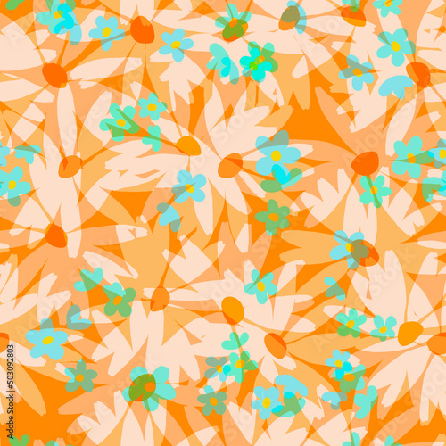 Floral layered seamless pattern Simple flat transparent muted chamomile and forget-me-not flowers on a peach     orange background