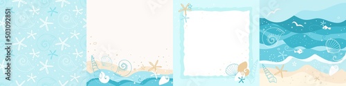 Summer sea flyer set. Summer holiday background, seamless pattern, frame. Vector illustration of waves, birds, seashells, starfish, water splashes