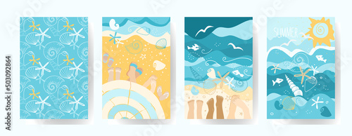 Set of flyers for summer holidays at sea. Vector illustration of a weekend at the sea with children. Children's party invitation.