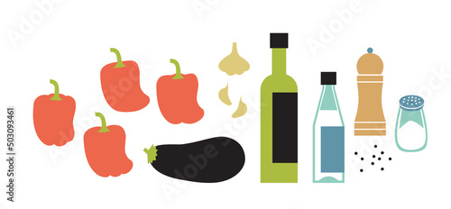Fresh ajvar ingredients. Eggplant and bell pepper sause making. Horizontal flat vector illustration isolated on white.
