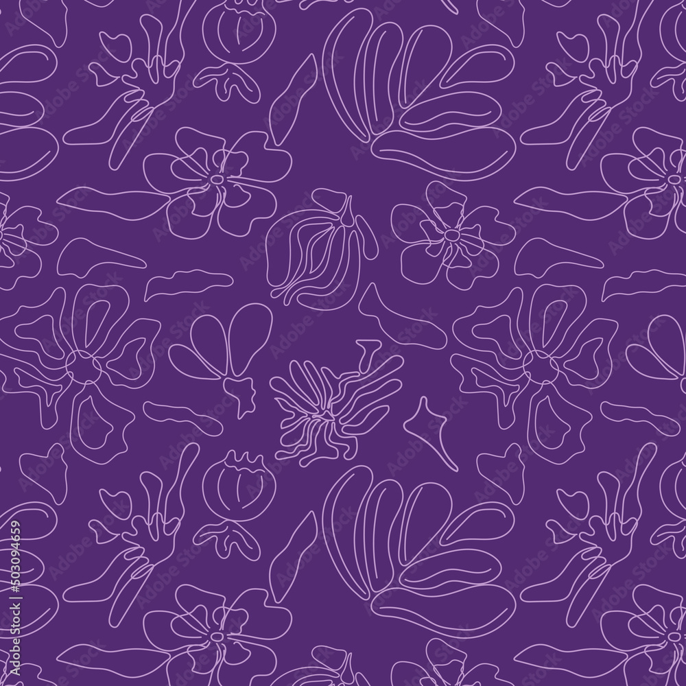Seamless floral pattern on purple background. Vector image. Graphic linear wallpaper. Seamless floral pattern on purple background. Vector image. Graphic linear wallpaper.