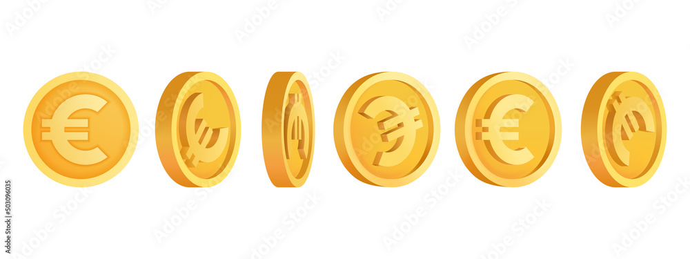 Set of European 3d coins in the form of the euro Volumetric bank currency. 3d euro coins in different positions. Cash transfer Banking and finance. Isolated vector illustration - obrazy, fototapety, plakaty 