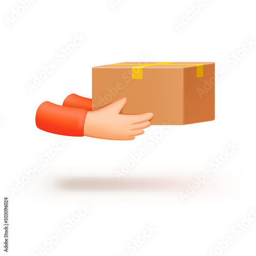 Box in hand for courier delivery service, hands handing over the parcel. The concept of home delivery online store and shipping service. Isolated vector illustration on white background