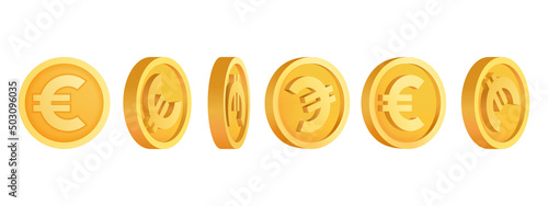 Set of European 3d coins in the form of the euro Volumetric bank currency. 3d euro coins in different positions. Cash transfer Banking and finance. Isolated vector illustration photo