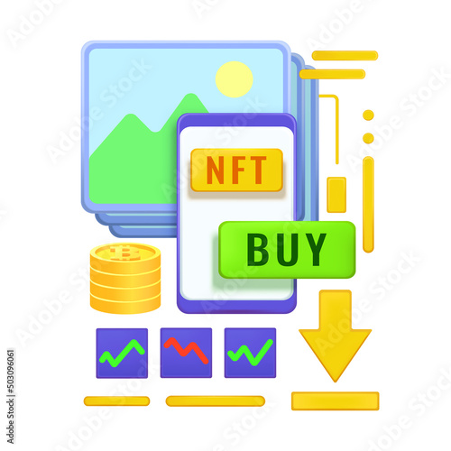 Buying NFT for cryptocurrencies and paying with token or bitcoin on blockchain and ethereum for cryptocurrency. Digital collectibles marketplace. 3d vector illustration