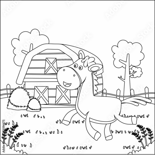 Happy horse cartoon in the farm with barn and green field. Creative vector Childish design for kids activity colouring book or page.