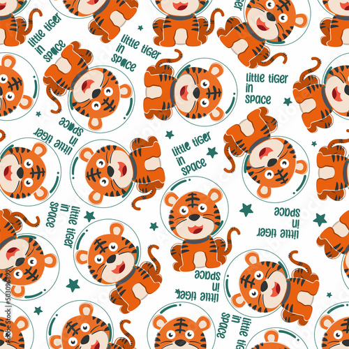 Seamless pattern of cute tiger astronaut exploring the red planet. Mission to search for traces of life. Creative vector childish background for fabric textile, nursery wallpaper, and other decoration