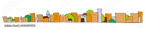 Horizontal line cityscape with house buildings and trees in doodle style