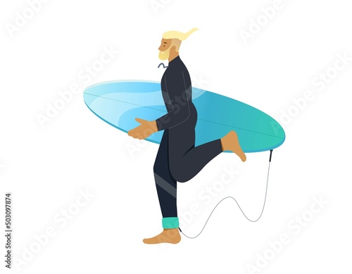 Surfer man wearing wetsuit running with a surfboard. Isolated character on white background, flat vector illustration