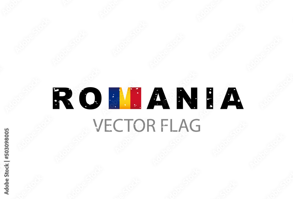 Flag of Romania in the form of the letter M in the word ROMANIA. Vector illustration isolated on white background.