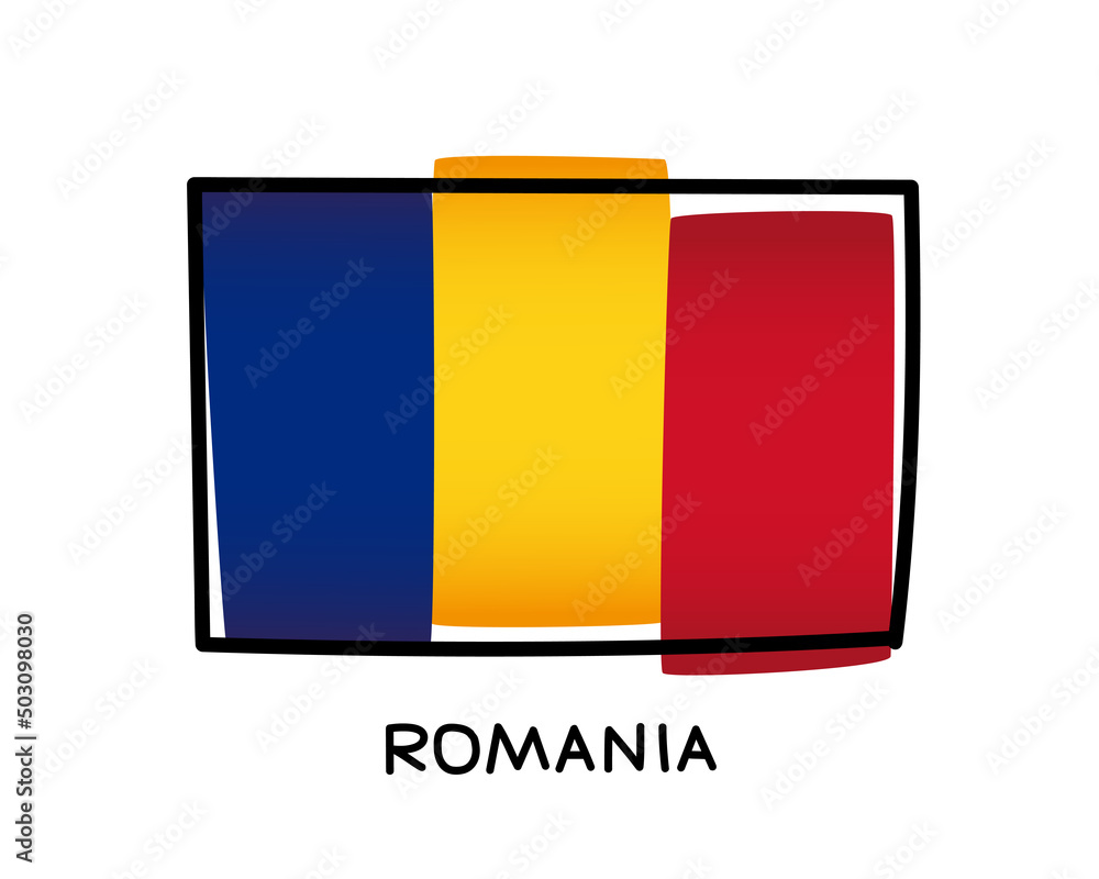 Fototapeta premium Flag of Romania. Colorful logo of the Romanian flag. Blue, yellow and red hand-drawn brush strokes. Black outline.