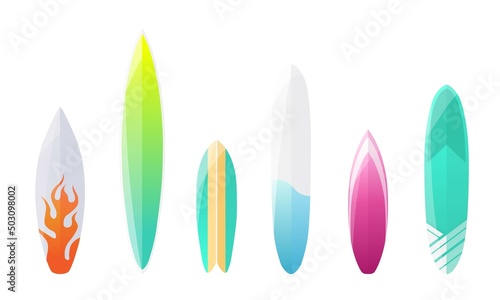 Set of realistic colorful surfboards isolated on white background. Flat vector illustration