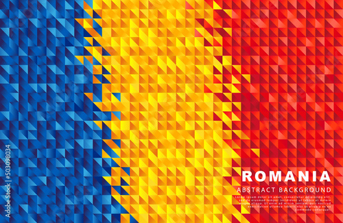 Flag of Romania. Abstract background of small triangles in the form of colorful blue, yellow and red stripes of the Romanian flag. photo
