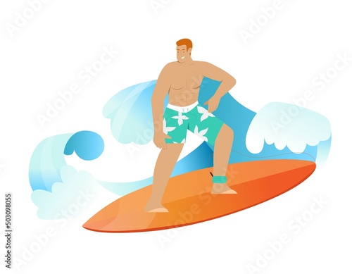 Surfer man wearing summer shorts riding the wave on surfboard. Isolated character on white background, flat vector illustration