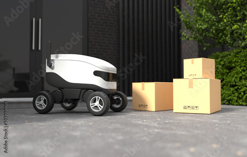 Delivery robot in front of the house, Autonomous delivery robotic.