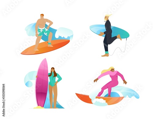 Set of people with surfboards. People riding the waves. Summer water sport. Flat vector illustration, isolated characters men and women on white background