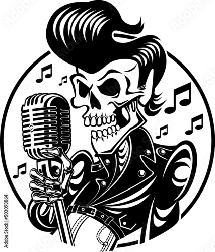 rockabilly skeleton singing in vintage microphone photo