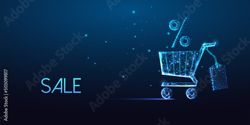 Futuristic sale, online shopping concept with glowing shopping cart, percent discount sign and tag