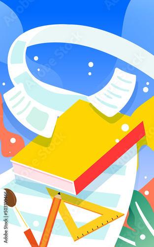 Boy holding pen and writing on paper with paper and books in background, vector illustration