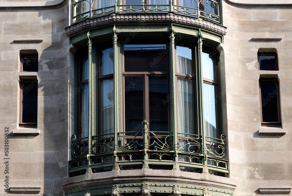 Detail of Hotel Tassel town house by Victor Horta, first true Art Nouveau building, located at 6 Rue Paul-Emile Janson , Brussels, Belgium, Europe , UNESCO World Heritage List