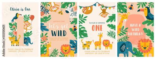 Fotografiet Birthday party invitation set with cute jungle animals