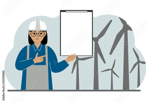 Technician engineer woman, energy wind farm. The concept of clean alternative energy. Environmental protection, ecology protection.