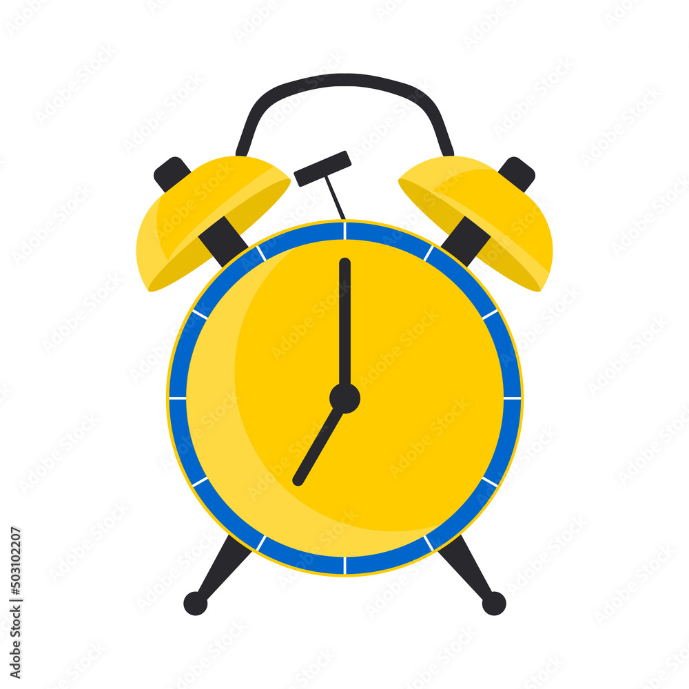 Alarm clock with yellow and blue arrows showing 7 am on a white background. It's time to get up and wake up for work, school. 