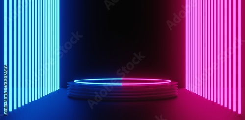 abstract backgound video game of scifi gaming cyberpunk, vr virtual reality simulation and metaverse, scene stand pedestal stage, 3d illustration rendering, futuristic neon glow room photo
