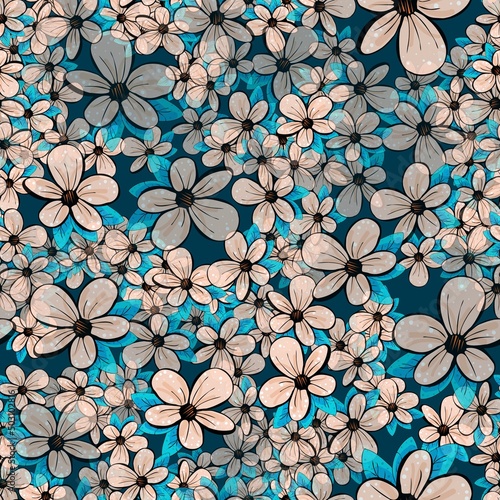 Flowers are scattered over a blue background. Vector seamless pattern.