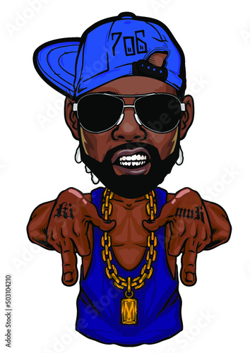 cool gangster with hand signs sunglasses beard and big gold chain in gta style vector photo