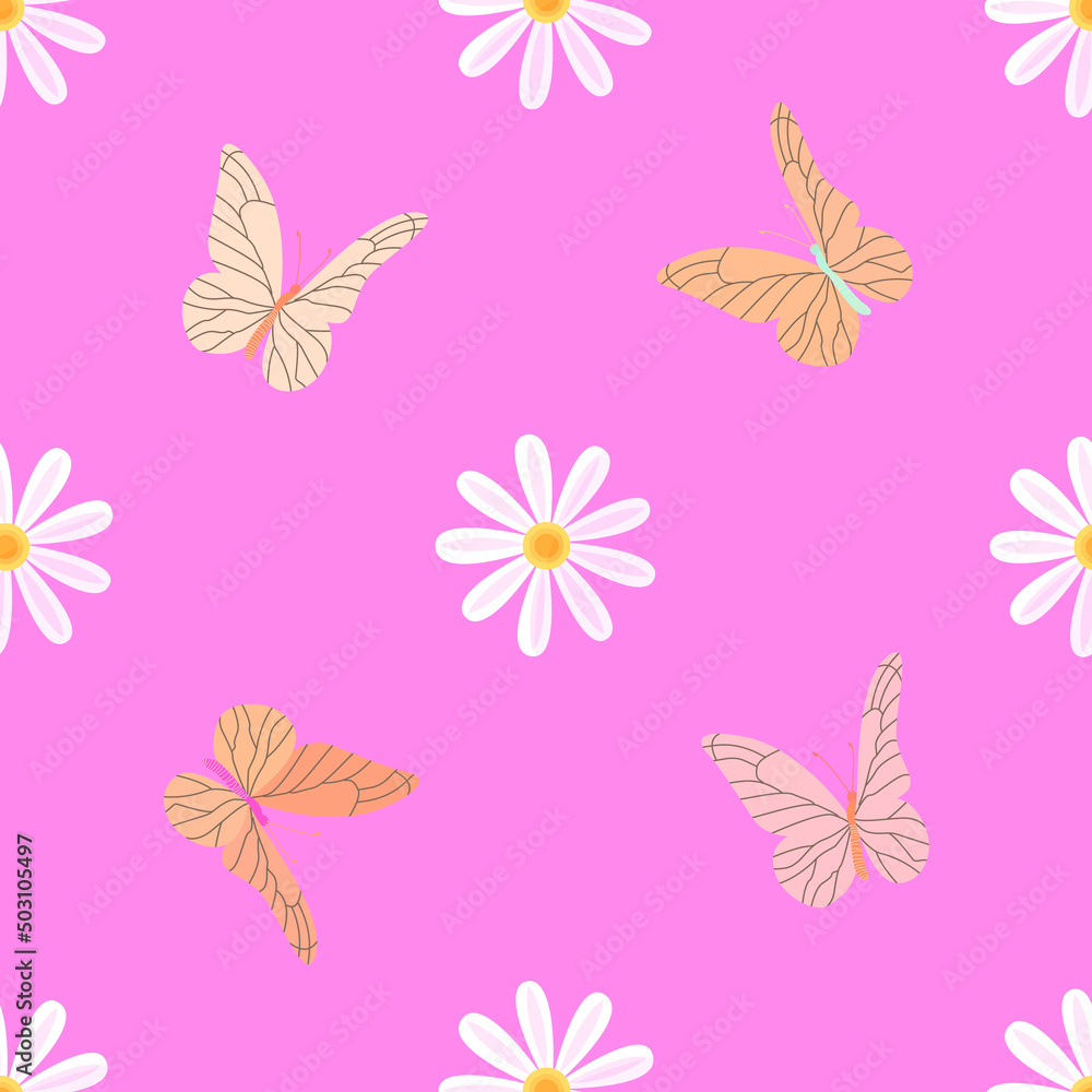 Naive seamless vector pattern with daisies and butterflies on a pink background.