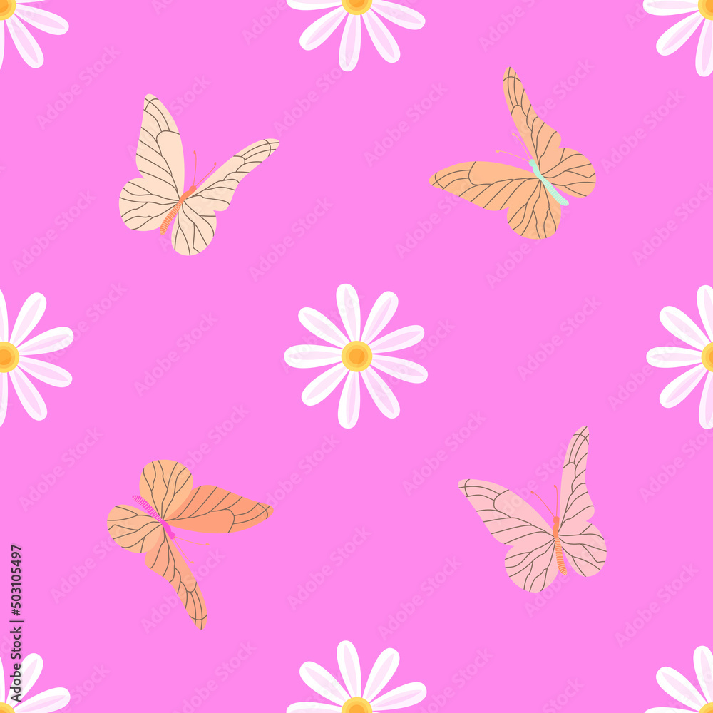 Naive seamless vector pattern with daisies and butterflies on a pink background. Naive seamless vector pattern with daisies and butterflies on a pink background.