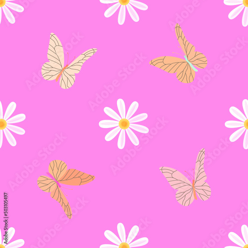 Naive seamless vector pattern with daisies and butterflies on a pink background.
