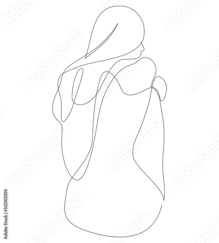 Naked woman sitting back one line drawing. Vector illustration.