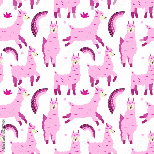 Seamless pattern of pink llamas, rainbows, peas and plants. Animals. llamas in different poses. Flat style vector. Suitable for children's textiles and packaging.