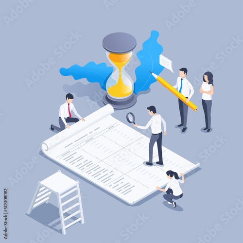 isometric vector illustration on a gray background, people in business clothes with a large sheet of paper, data analysis or financial report