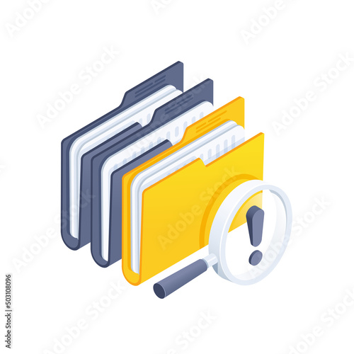 isometric vector illustration isolated on white background, yellow folder with documents and a magnifying glass with an exclamation sign, folder search icon