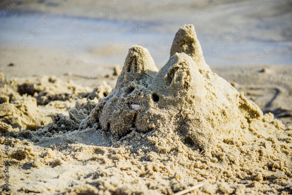 a handmade sand sculpture of a cat on the river beach a handmade sand sculpture of a cat on the river beach