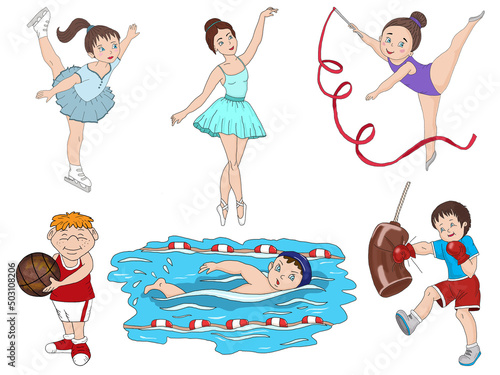 A set of children athletes. Colorful illustration in cartoon style. Hand  drawn. Closeup. Template.