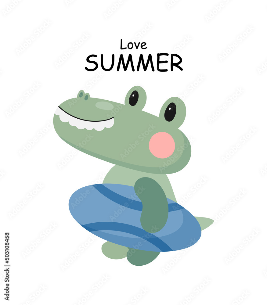 Obraz premium Crocodile with Surfboard. Cartoon style. Vector illustration. For card, posters, banners, children books, printing on the pack, printing on clothes, fabric, wallpaper, textile or dishes.
