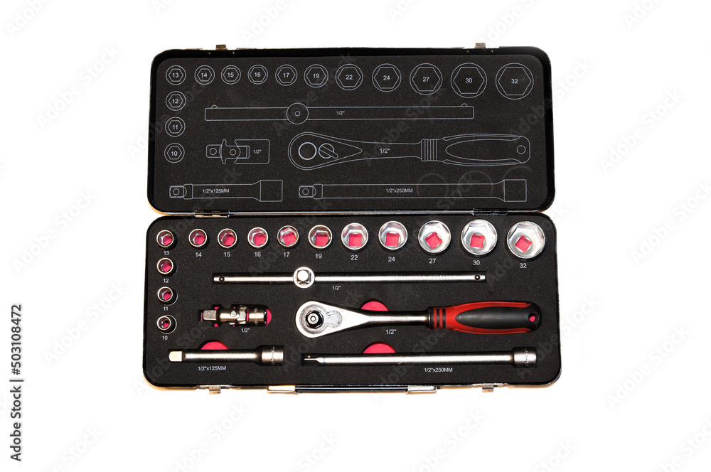 Fototapeta premium A set of wrenches, sockets, and holders for ratchet sockets and adapters.
