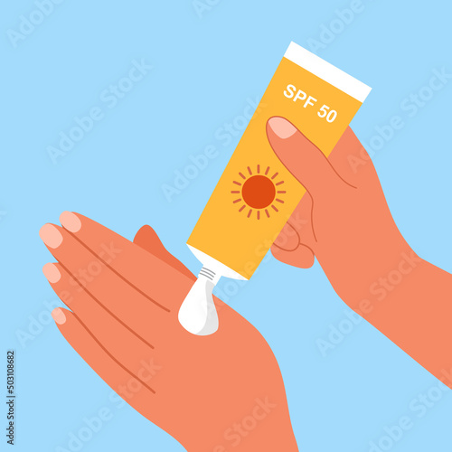 Woman applying sun protection cream in flat design. Sunscreen UV skin care.