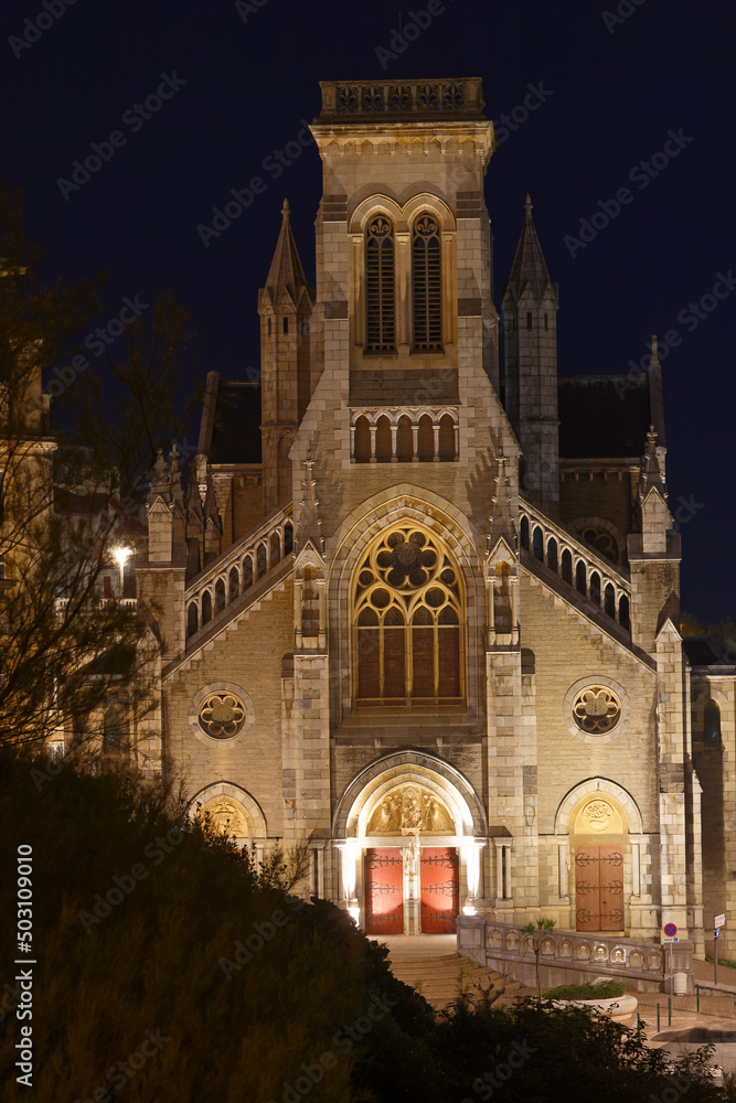 Night view of church Saint Eugenie in Biarritz, France