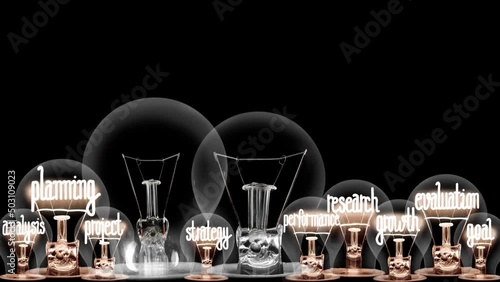 Light bulbs going from dark to light with Process Improvement, Research, Plan, Evaluation and Project fiber text on black background. High quality 4k video.