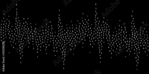 Falling numbers, big data concept. Binary white orderly flying digits. Neat futuristic banner on black background. Digital vector illustration with falling numbers.