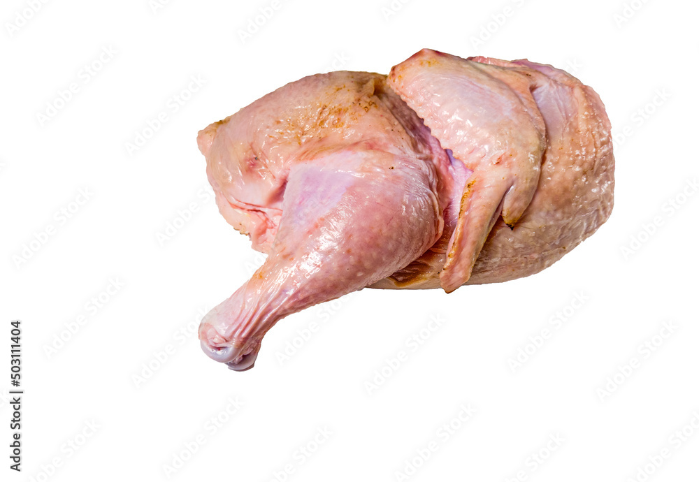 half raw chicken, excellent condition, top view, isolated on white background half raw chicken, excellent condition, top view, isolated on white background