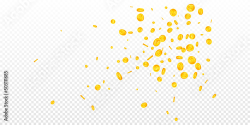 British pound coins falling. Fine scattered GBP coins. United Kingdom money. Imaginative jackpot, wealth or success concept. Vector illustration.