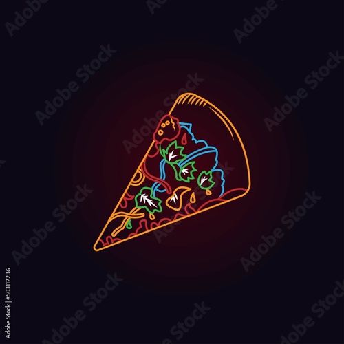 Pizza cafe neon sign. Bright advertising signboard for cafe, bar, restaurant. Pizza emblem. Vector illustration in neon style.